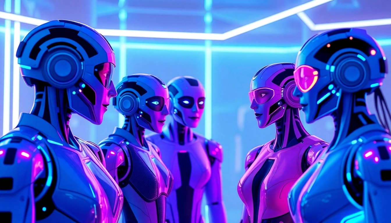 Innovative NSFW AI chatbots engaging users in a futuristic cybernetic landscape.