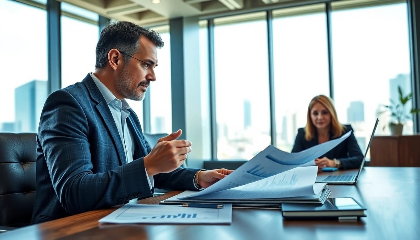 Engaging session on tax planning and wealth management with a professional advisor and client in a modern office.