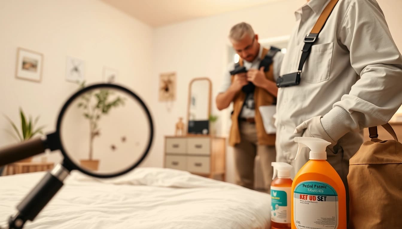 Technician executing bed bug pest control measures in a residential room, showcasing expertise.
