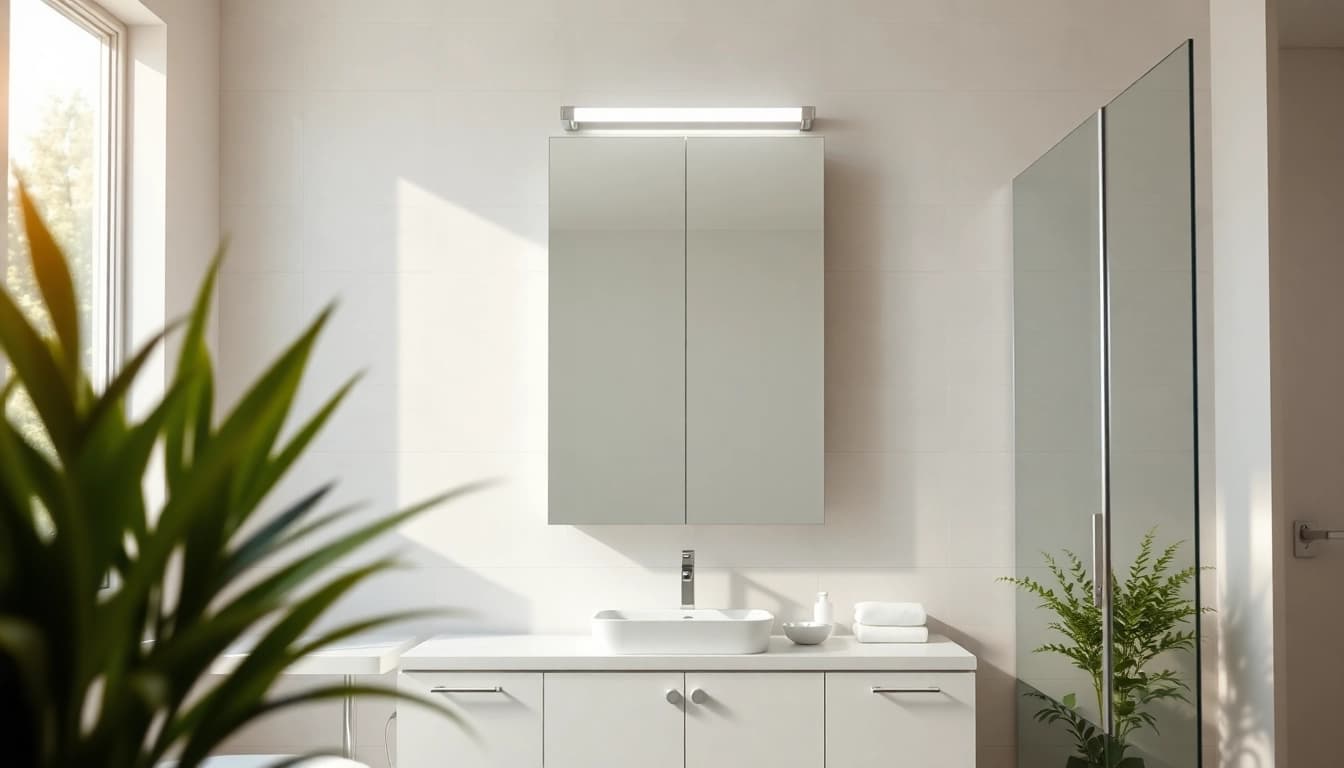 Admire this mirrored bathroom cabinet with light, highlighting its modern style and elegant features.
