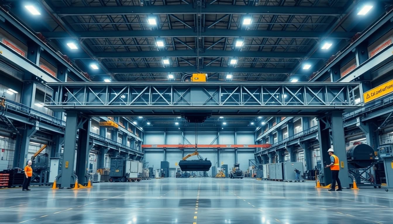 Double girder bridge crane efficiently lifting heavy loads in a modern industrial setting.