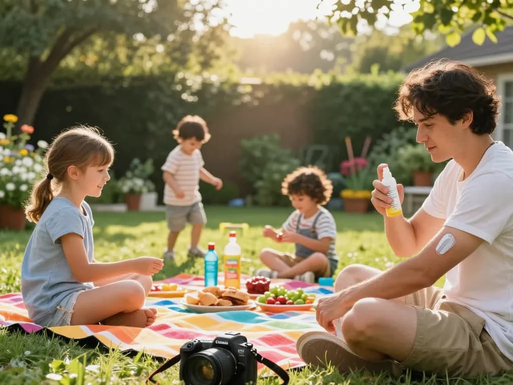Family applying mosquito repellent during a backyard barbecue in a vibrant summer setting.
