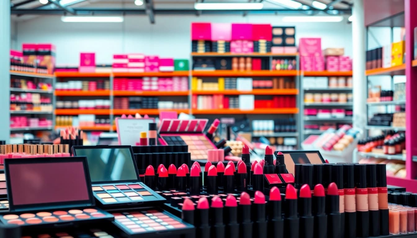 Wholesale makeup suppliers showcasing vibrant products in a lively setting.