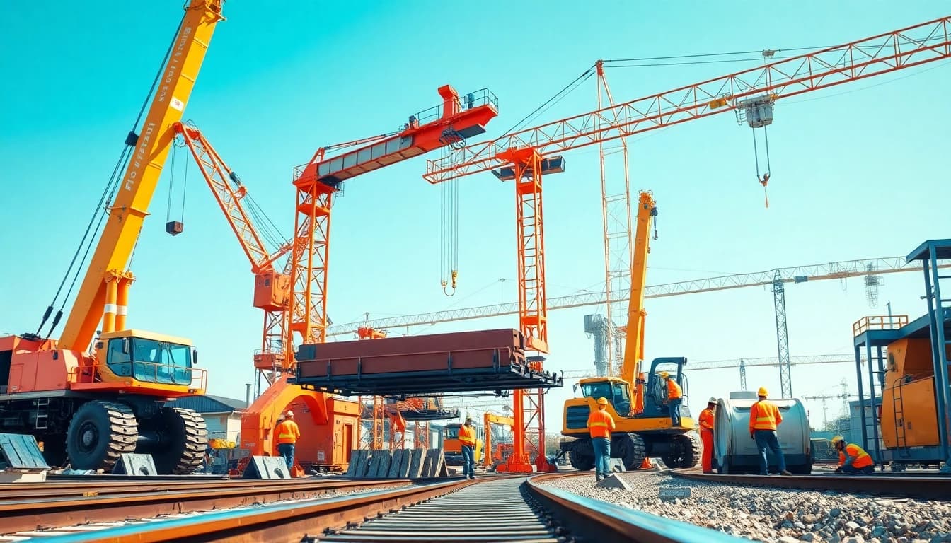 Engaged workers at a railroad construction site in the USA showcasing skilled teamwork.