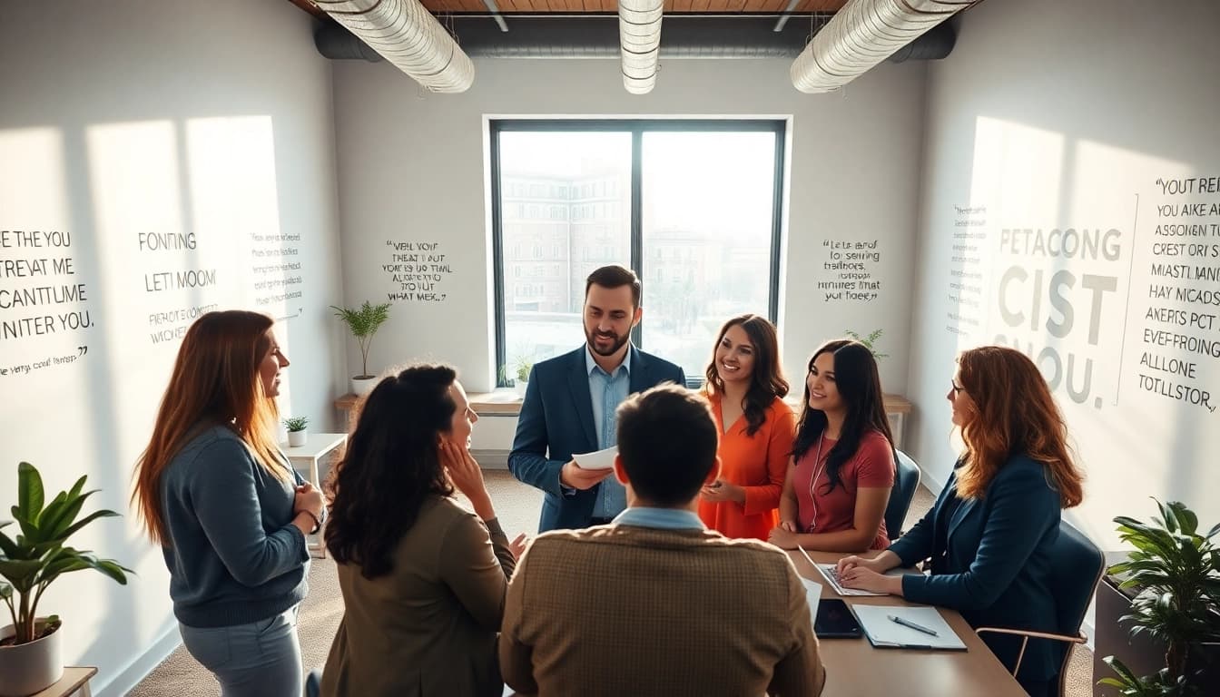 Showcasing founder leadership insights with a diverse team in a bright, collaborative office setting.