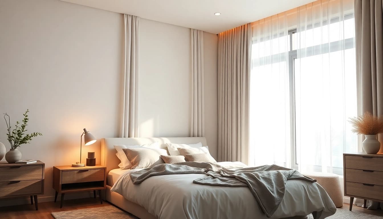 Verduisterende gordijnen in een serene slaapkamer voor optimale verduistering en stijl.