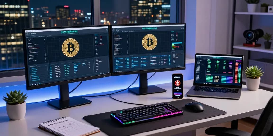 Dynamic bitcoin mining online workspace with monitors showing cryptocurrency data, innovative mining software, and secure wallet features.