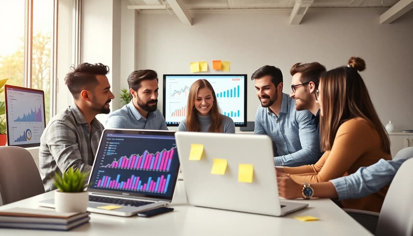 Analyze SEO performance metrics with a dedicated team in a bright office.