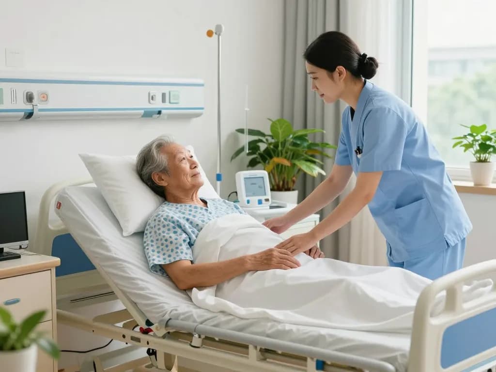 giường bệnh nhân providing comfort and support to elderly patient in hospital room with attentive nurse