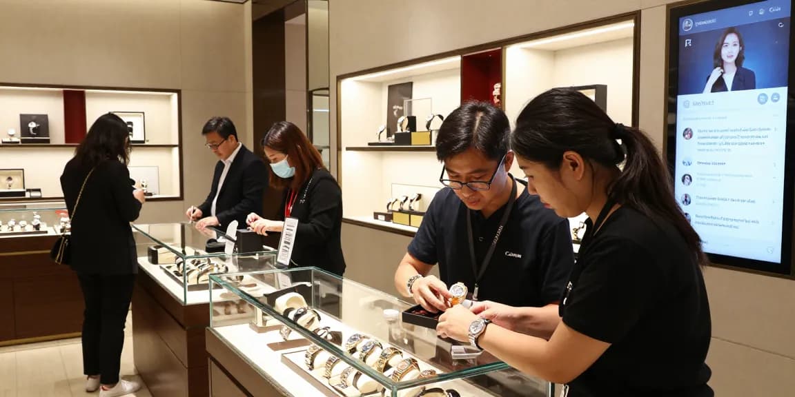 Browse high-quality 시계 레플리카 in a stylish luxury retail store, showcasing elegance and variety.