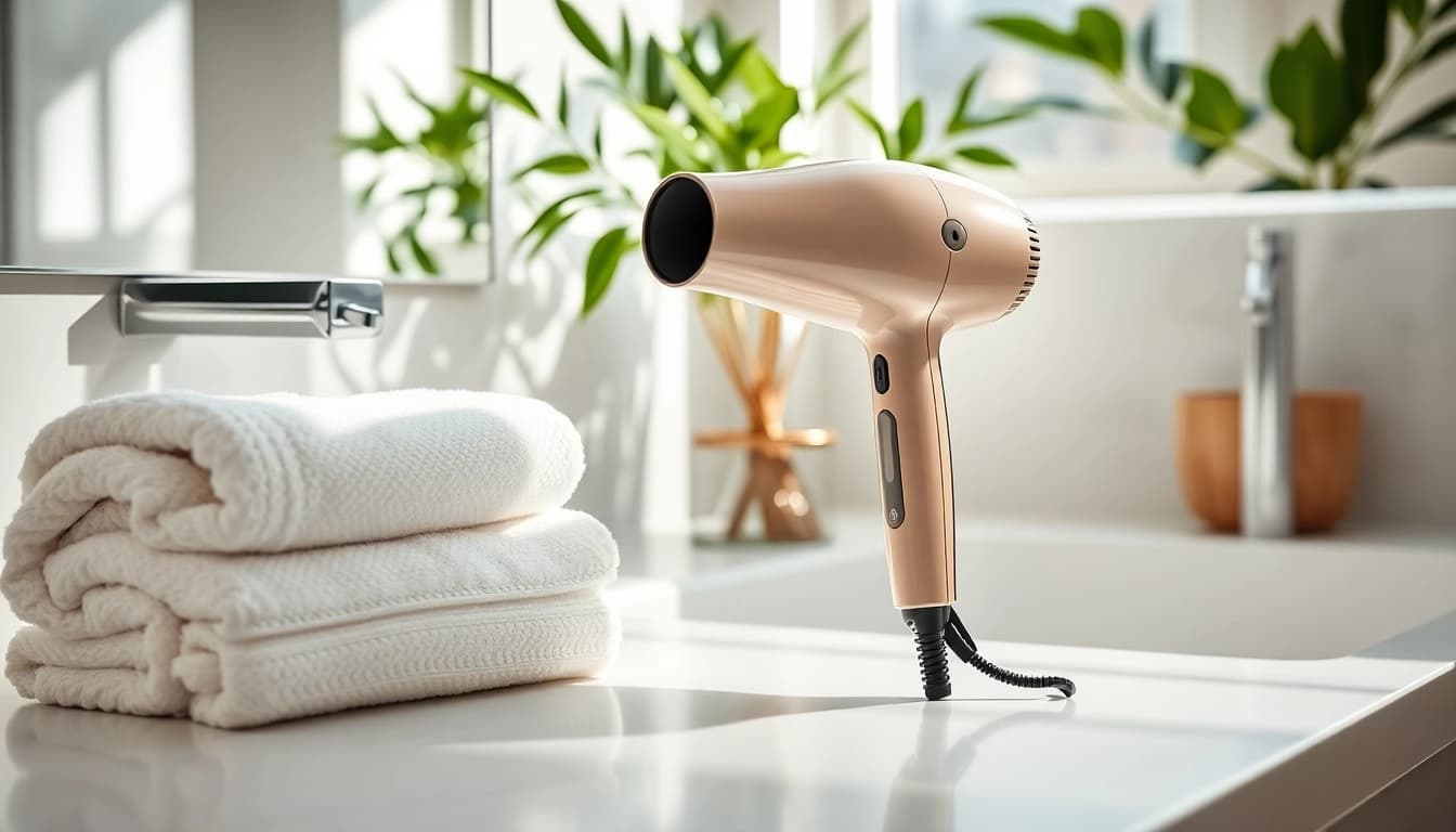 Hair dryer for fine hair showcased elegantly, promoting effective styling in a bright bathroom.