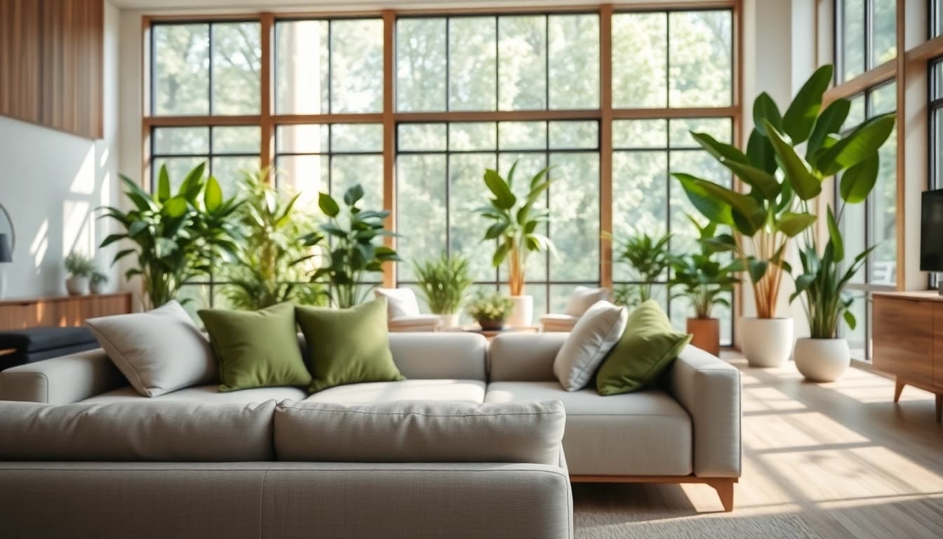 Experience seamless living in a modern, minimalist living room filled with natural light and greenery.