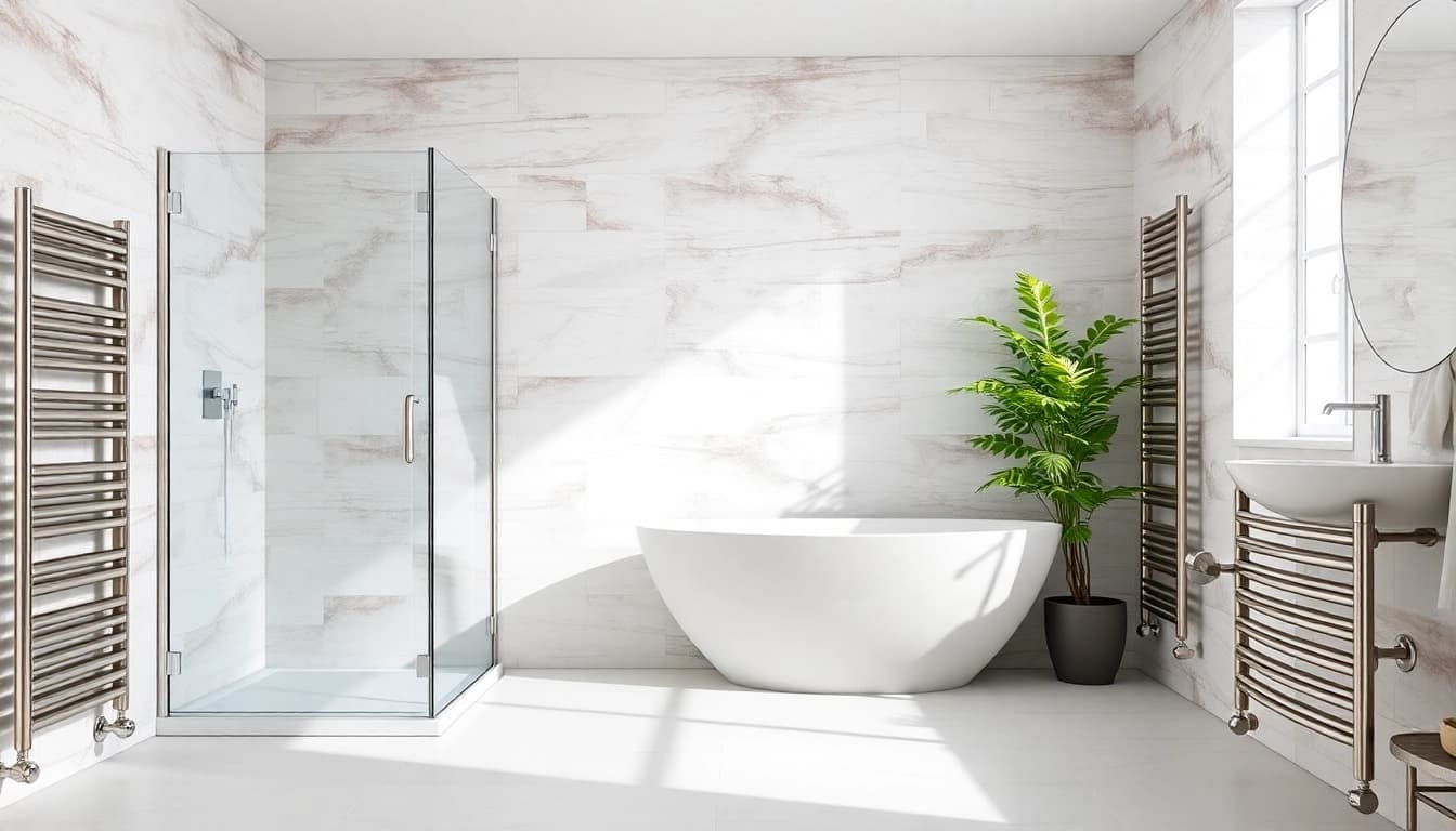Erleben Sie sonni sanitär GmbH mit eleganten Dusche und Heizkörper für modernes Badezimmer.
