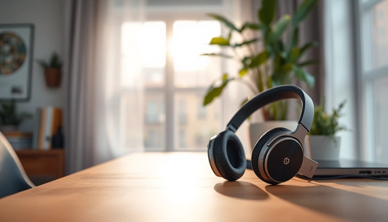 Experience immersive sound with Bone X2 Bone Conduction Headphones elegantly positioned in a modern workspace.