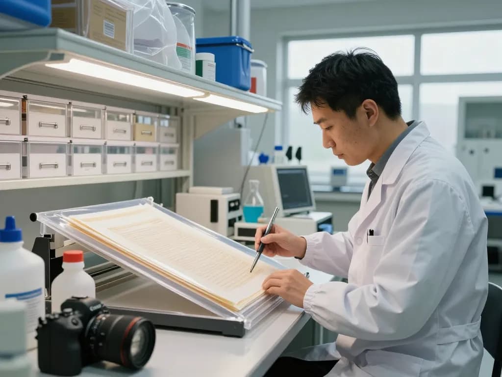 Addressing Địa chỉ bóc ép plastic in a professional document restoration facility, showcasing advanced tools and expert technician.