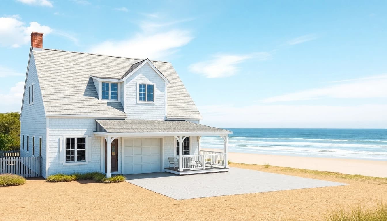 Cape Cod home with attached garage offers a warm coastal retreat surrounded by sandy shores.