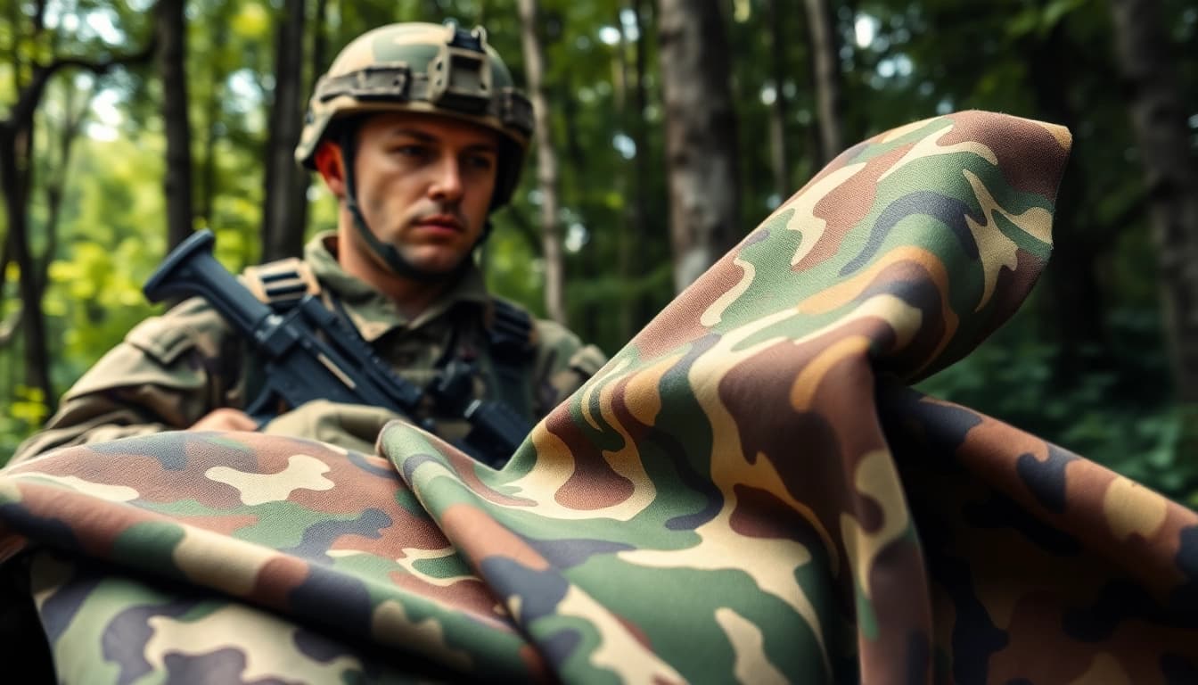 Verken diverse camouflage stoffen met een soldaat in een bosrijke omgeving.