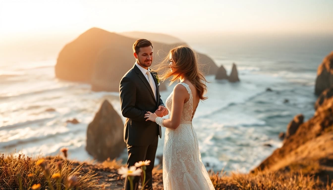 Capture a couple in Big Sur wedding photography, exchanging vows against a sunset ocean backdrop.