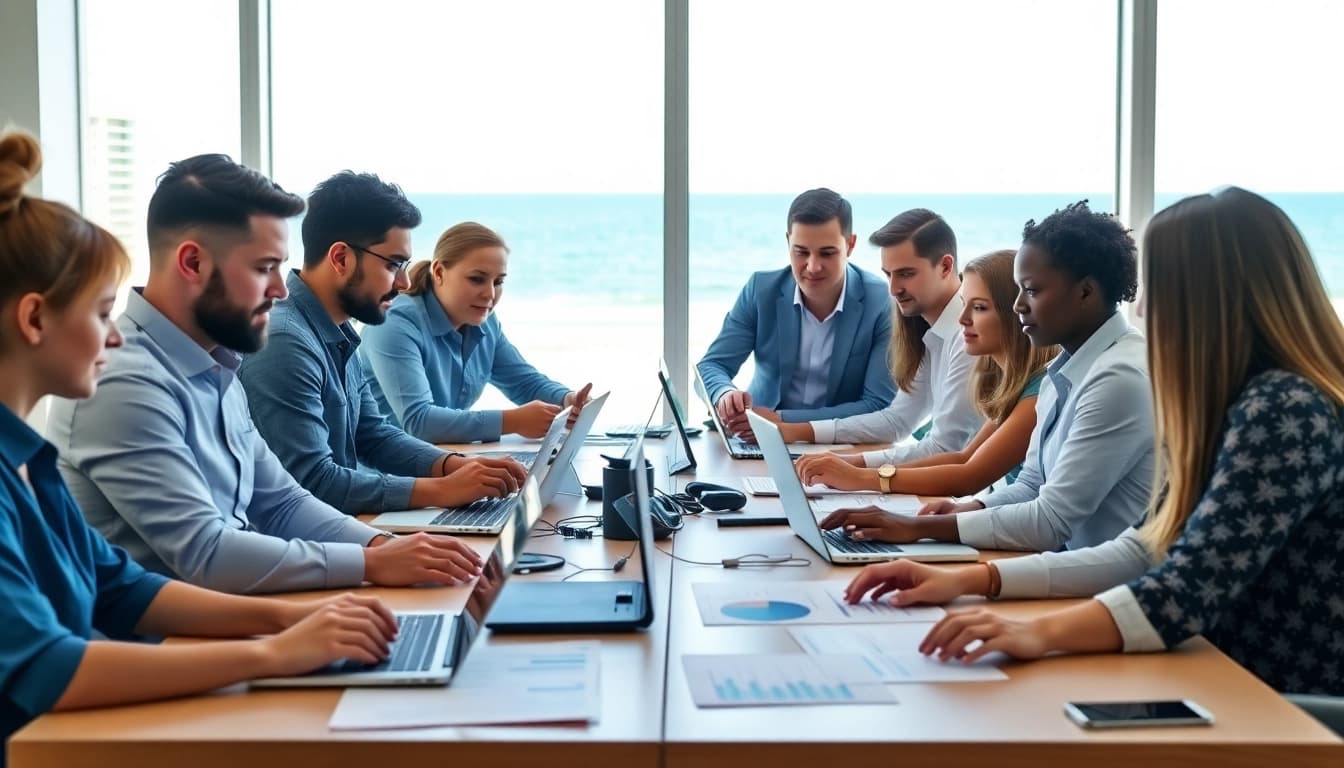 Engaging session on Clearwater FL SEO strategies with professionals at a modern workspace.
