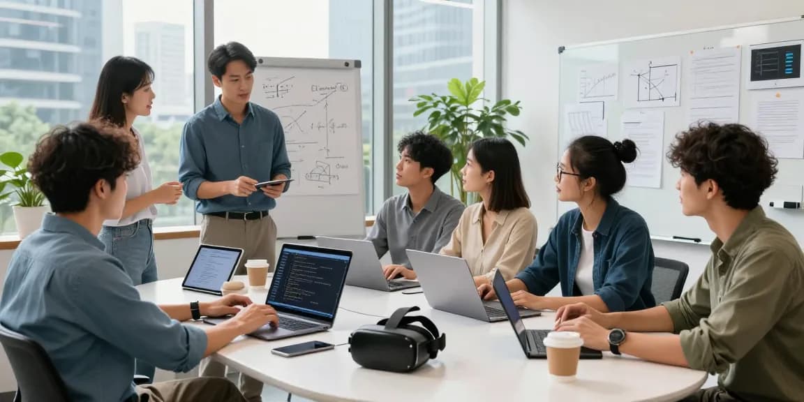 AI Product Engineering services collaboration scene with diverse engineers brainstorming in a modern office environment.