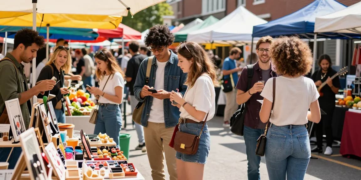 Diverse friends enjoying local market shopping experience at https://forumup.org/shop/search.php?ca_id=&addr1=&addr2=&addr3=&schKeyword= surrounded by artisan goods and vibrant atmosphere.