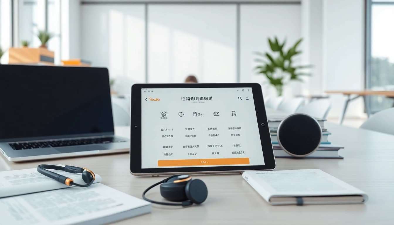 Youdao translation app displayed on a tablet in a modern study, highlighting innovative digital learning tools.