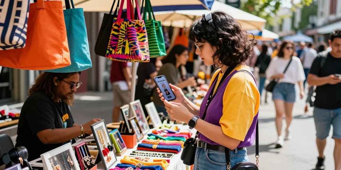 Vibrant shopping scene showcasing fashion items at shs-dome5.com with a stylish individual browsing products.