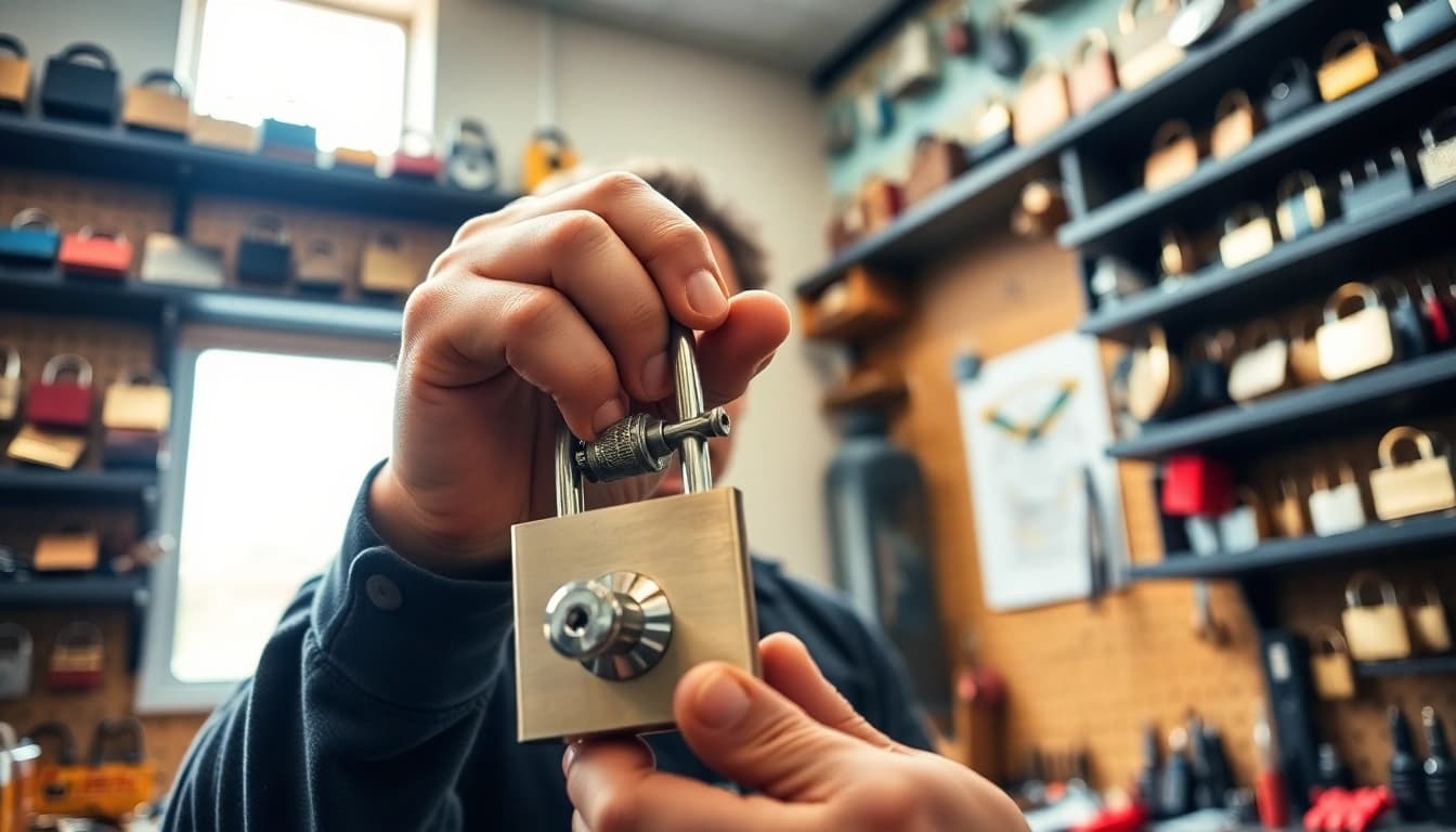 Locksta für präzises Arbeiten mit einem metallischen Schloss in einer gut beleuchteten Werkstatt.