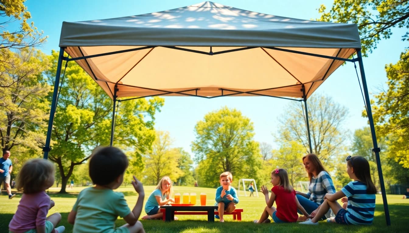 Families enjoying a sunny picnic under a pop up canopy in a lush park setting.