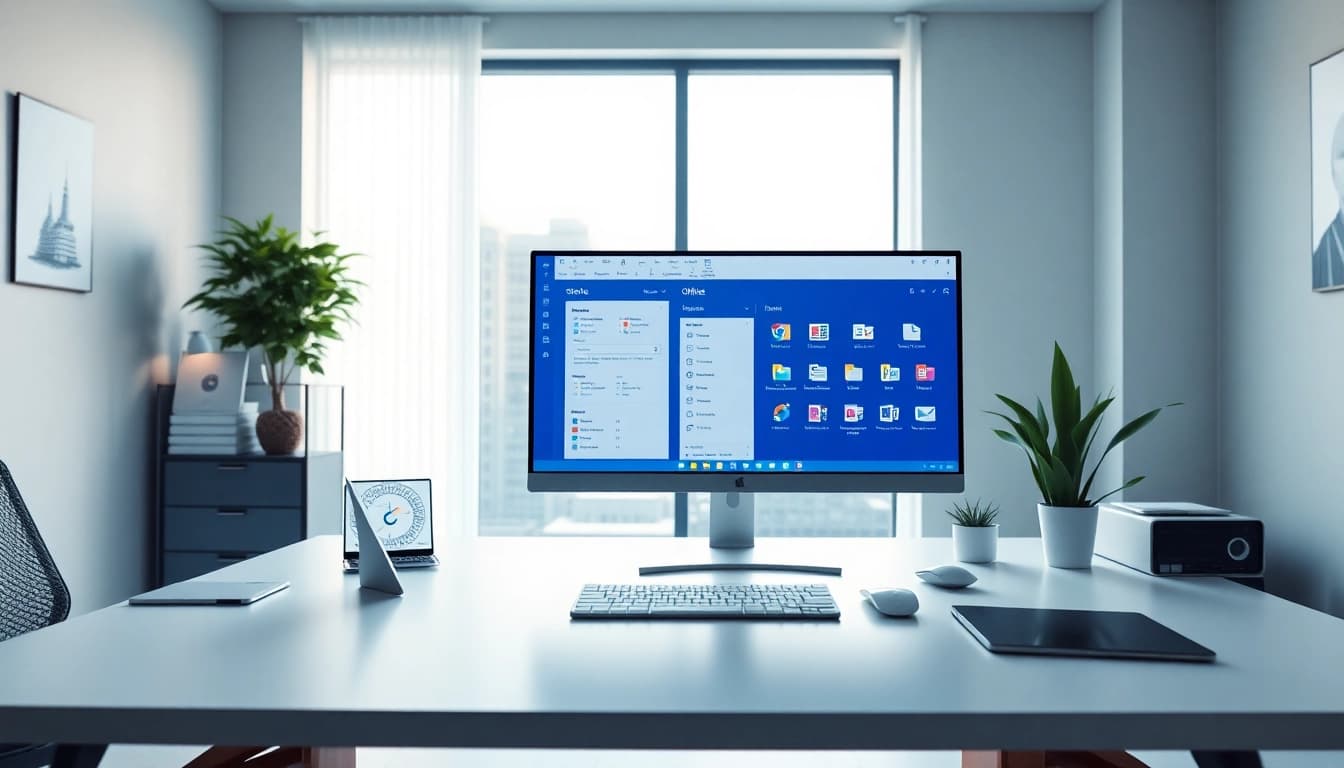 创新的 WPS Office 设置，展示在时尚工作站上的专业生产力工具。