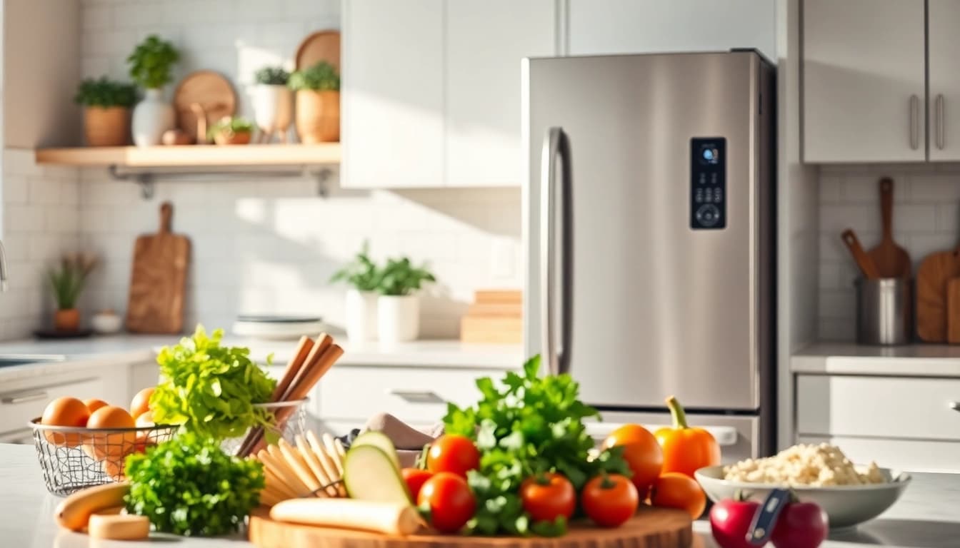 Showcase an affordable appliance in a modern kitchen, highlighting features and vibrant food items.