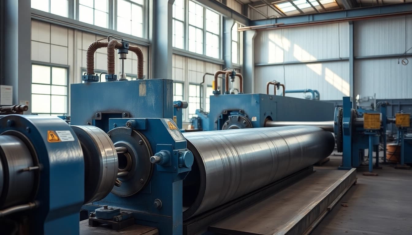 Showcasing plate rolling procedure in a high-tech industrial workshop with advanced machinery.