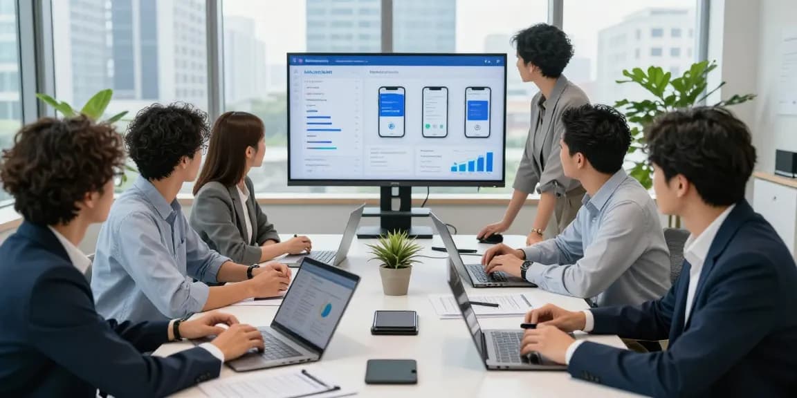 Team discussing corporate mobile plans UK at a modern office table with digital analytics.