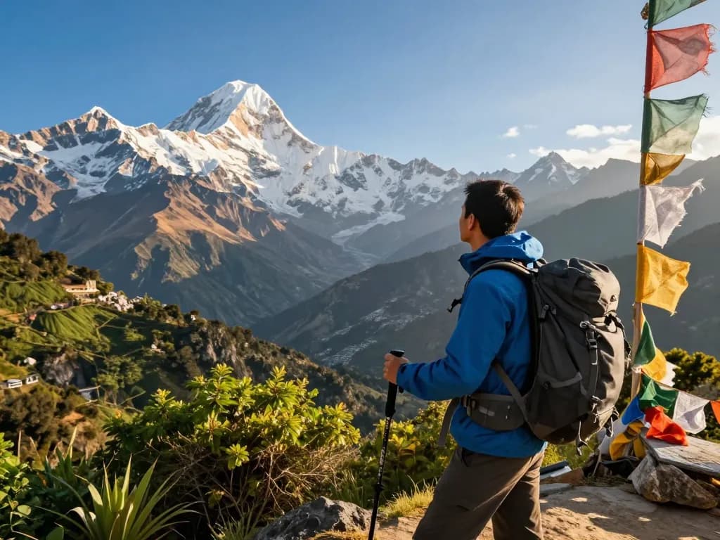 Annapurna Circuit trek with a traveler at a mountain viewpoint, showcasing stunning landscape and adventure spirit