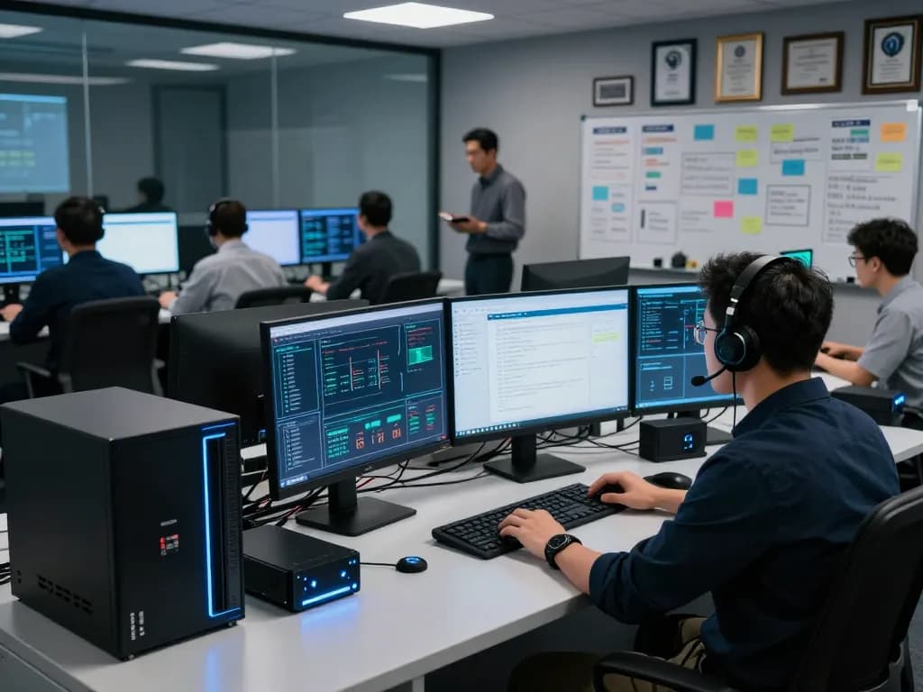 Cybersecurity technician analyzing https://shs-dome5.com/ security protocols in a modern command center.