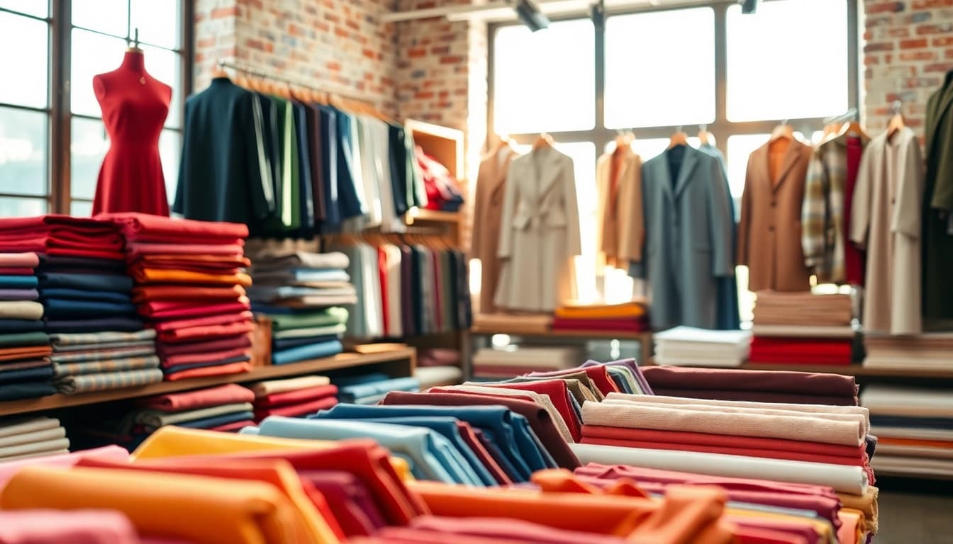Kant stof voor kleding in een sfeervolle stoffenwinkel met een kleurrijk assortiment.