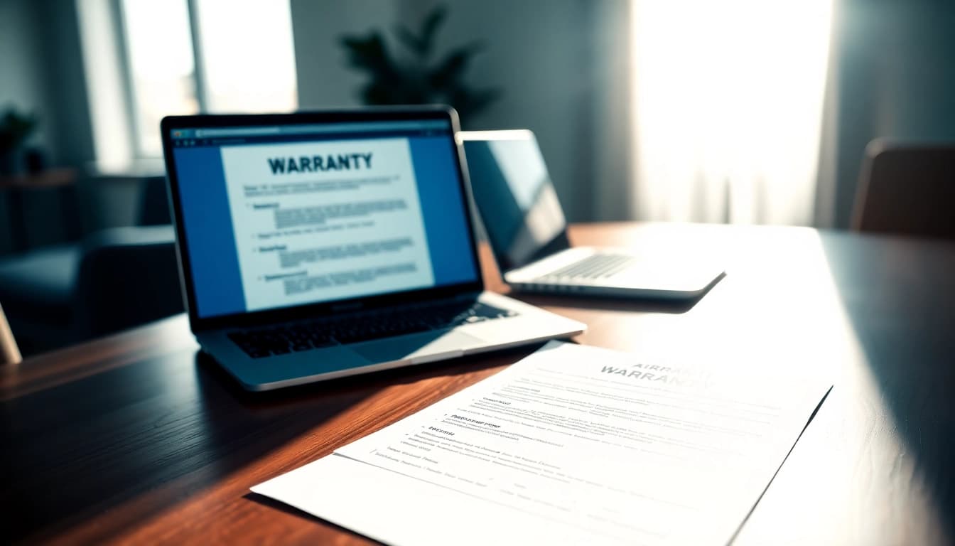 Showcase of transparent warranty coverage document and laptop on a polished desk.