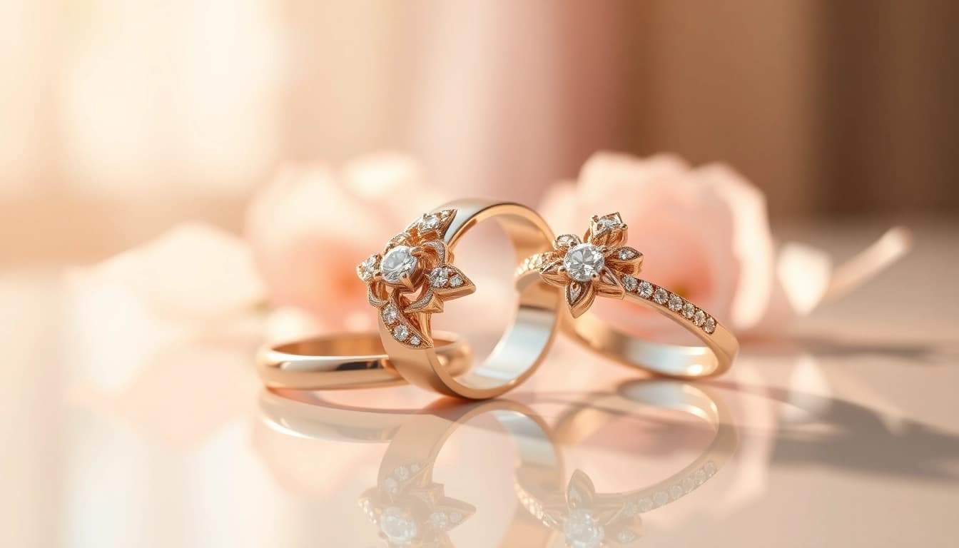 Stunning couple rings with intricate designs showcased in a romantic setting.