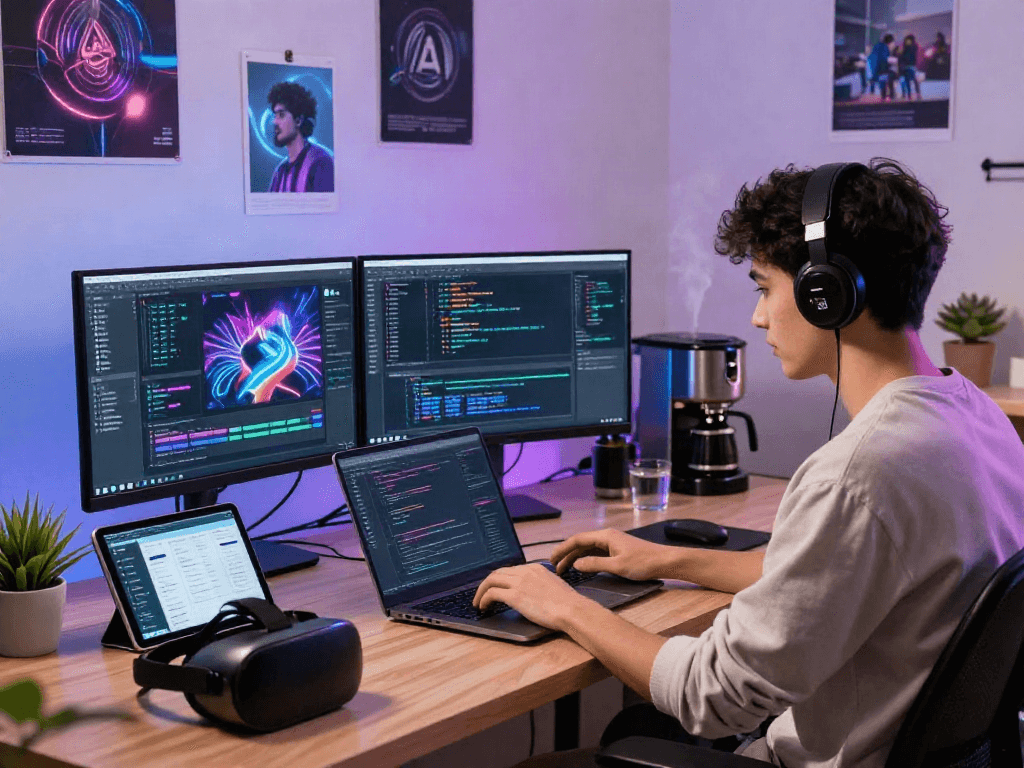 Developer utilizing 18+ ai technology in a vibrant, modern workspace.