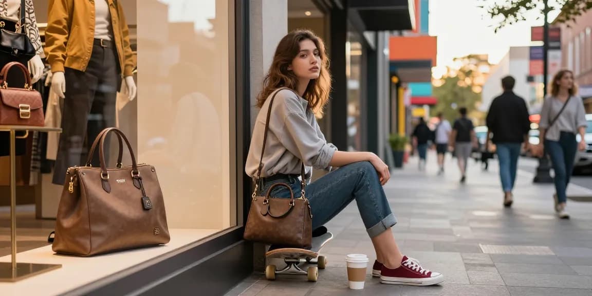 Model displaying luxury fashion at https://shs-dome5.com/ with urban backdrop, stylish accessories, and warm afternoon light.