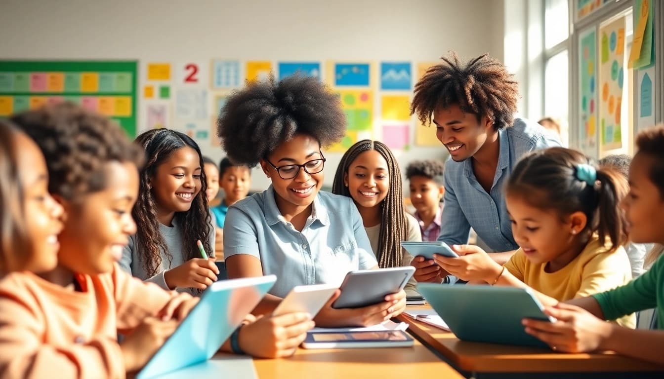 Education-focused classroom with diverse students collaborating and learning.