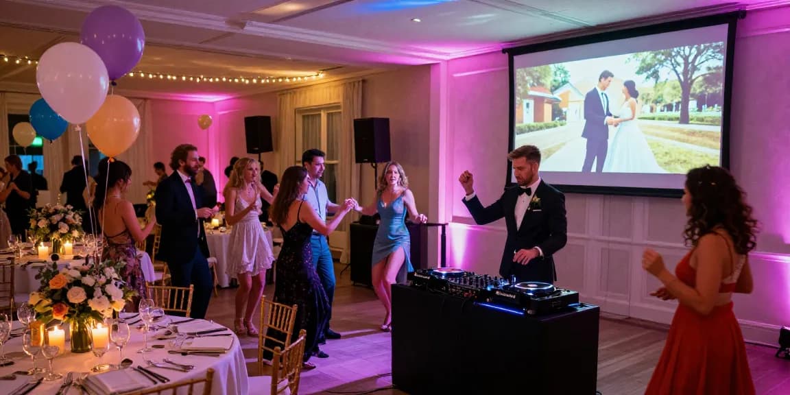 DJ für Hochzeit Berlin mit fröhlichen Gästen auf der Tanzfläche in festlich dekorierter Halle.