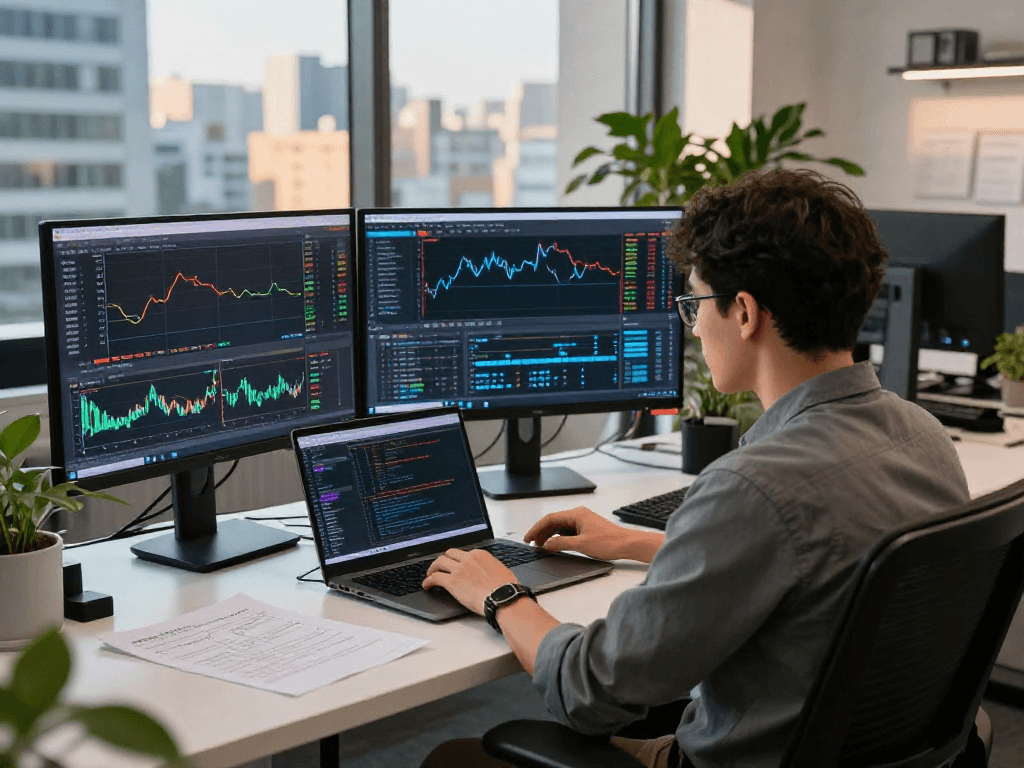 Dynamic trading workspace displaying metatrader 5 analytics with multiple screens and coding tools.