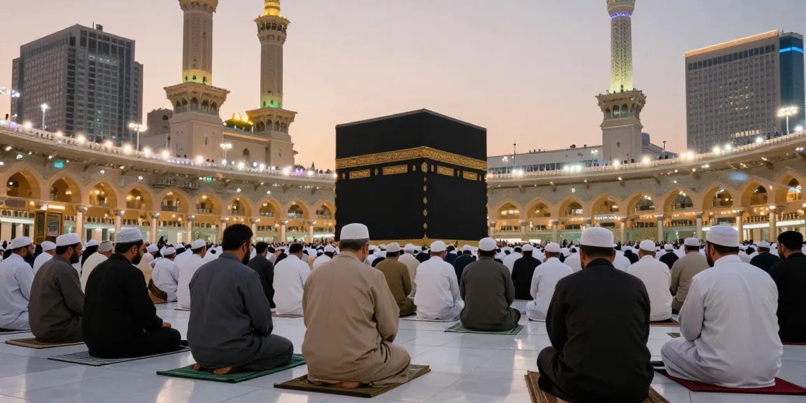 An inspiring scene of Umroh Ramadan, with pilgrims in Masjid al-Haram, peaceful prayers, and the majestic Kaaba as a central focal point.