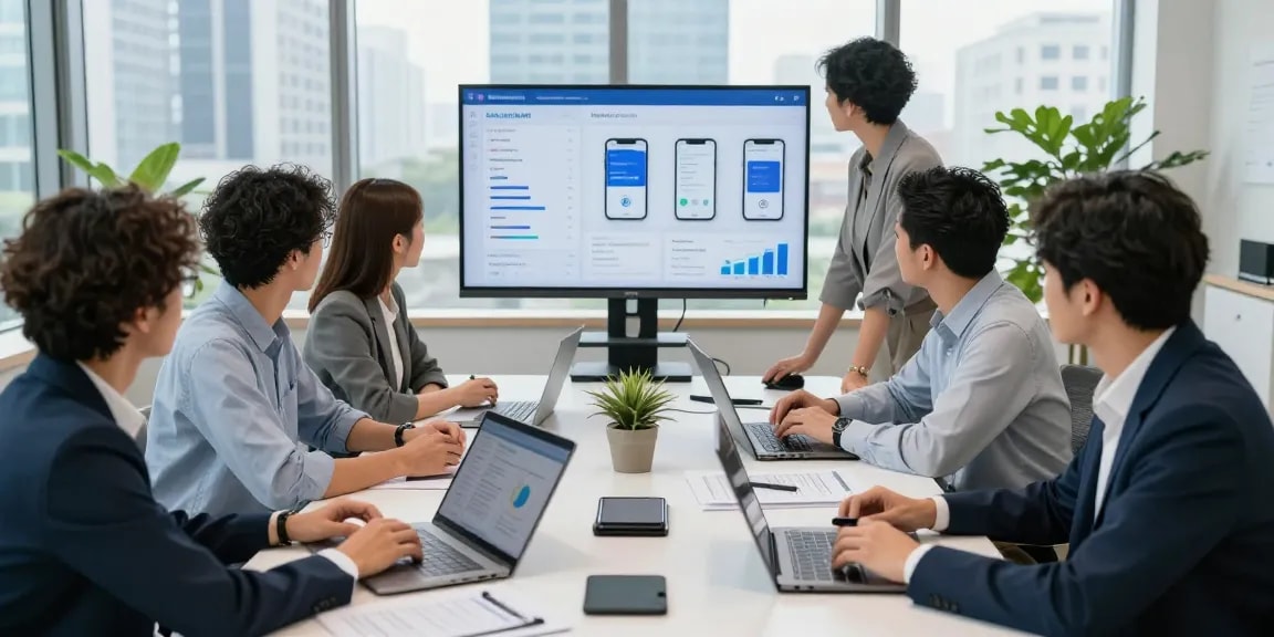 Team discussing corporate mobile plans UK at a modern office table with digital analytics.