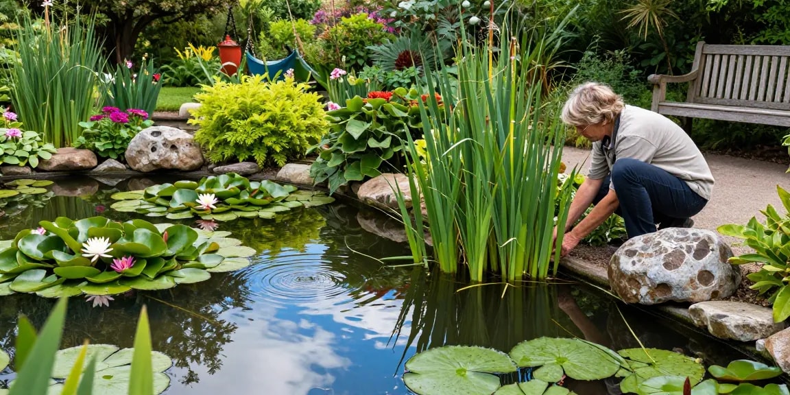 British pond plants flourish in a serene garden pond, showcasing vibrant water lilies and lush marginals tended by a gardener.