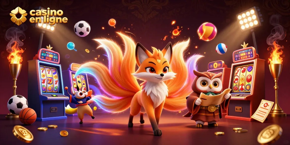 Jouer au casino en ligne avec un esprit renard coloré et des ballons flottants dans une illustration vibrante.