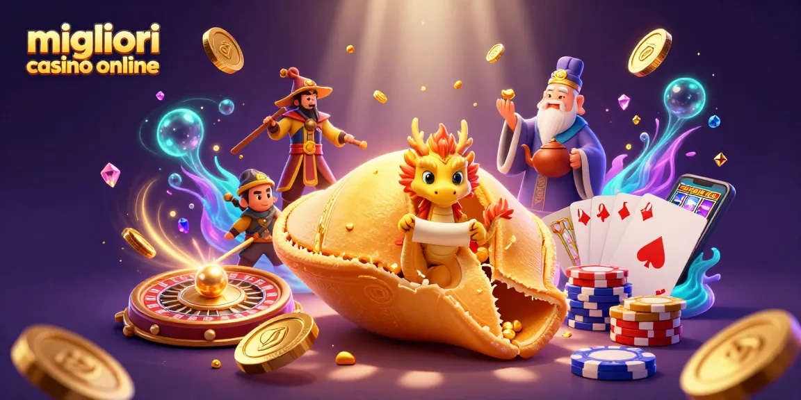 Migliori casinò online in scena magica con un biscotto della fortuna dorato e un drago saggio che legge i suoi destini in un mondo di giochi e fortuna.