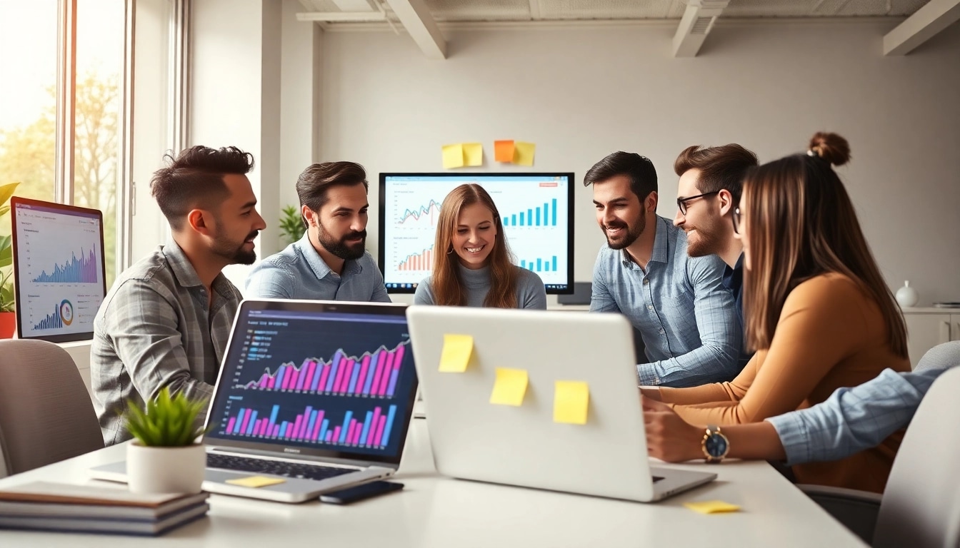 Analyze SEO performance metrics with a dedicated team in a bright office.