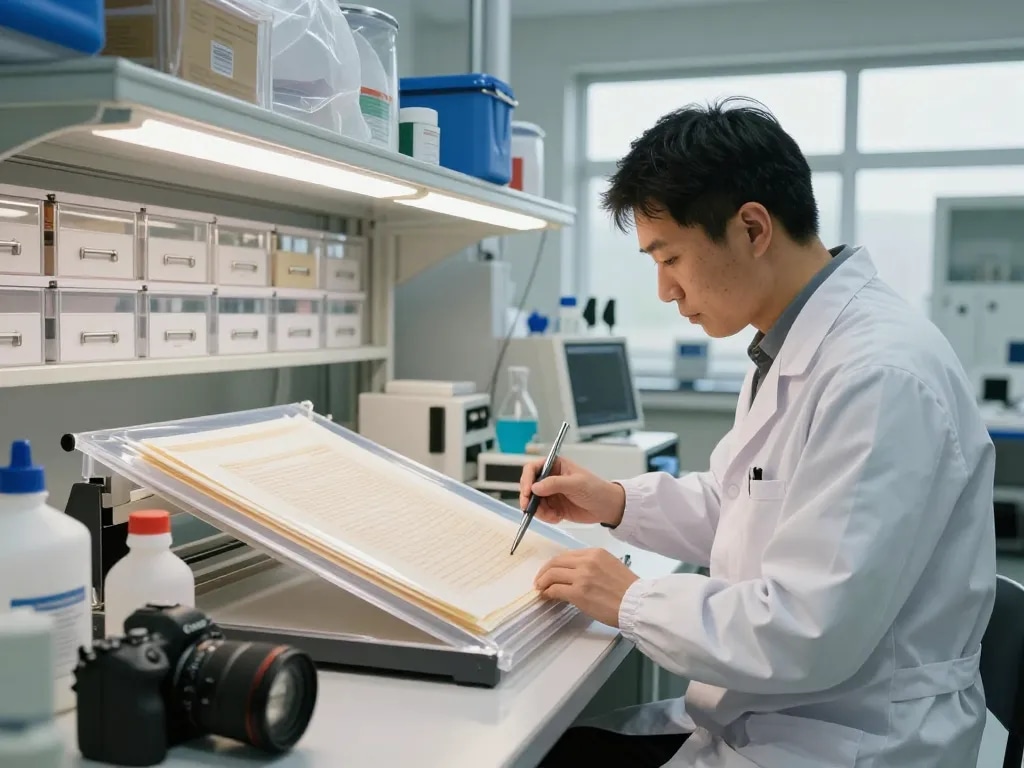Addressing Địa chỉ bóc ép plastic in a professional document restoration facility, showcasing advanced tools and expert technician.